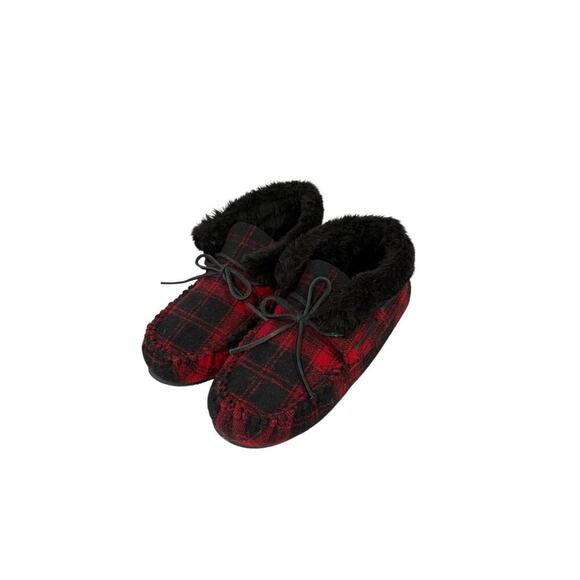 Minnetonka Red Buffalo Plaid Slip On Moccasin Slippers Holiday Cozy Womens 10 - Picture 1 of 9